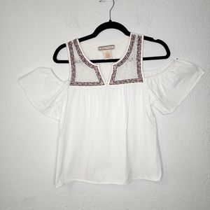Flying Tomato White Off the Shoulder Top Sz S Cotton Lace Back Embroidered Trim